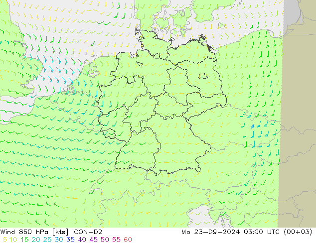 Rüzgar 850 hPa ICON-D2 Pzt 23.09.2024 03 UTC