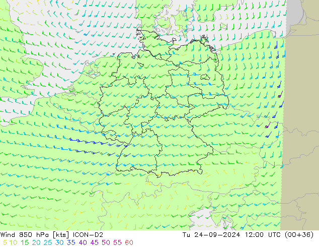 Wind 850 hPa ICON-D2 Tu 24.09.2024 12 UTC