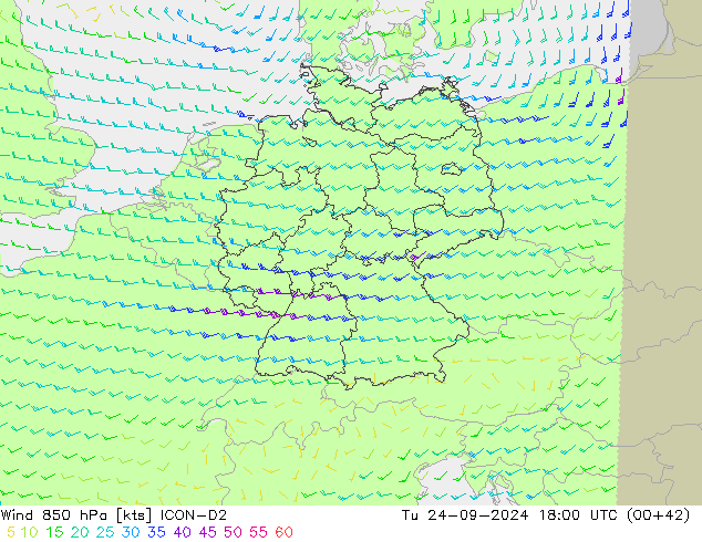 Viento 850 hPa ICON-D2 mar 24.09.2024 18 UTC