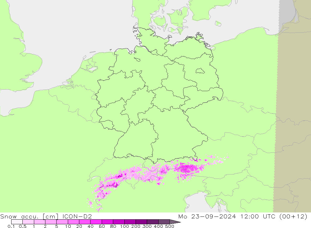 Snow accu. ICON-D2 lun 23.09.2024 12 UTC