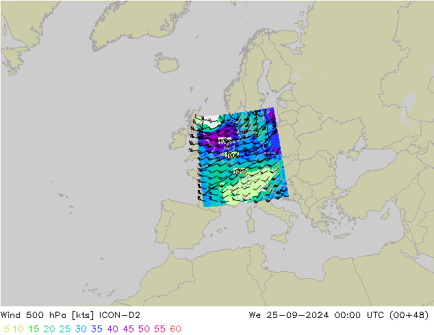 Rüzgar 500 hPa ICON-D2 Çar 25.09.2024 00 UTC