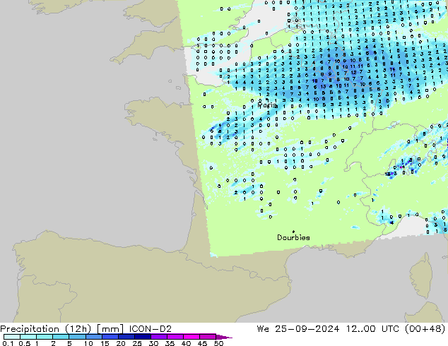 Precipitation (12h) ICON-D2 St 25.09.2024 00 UTC