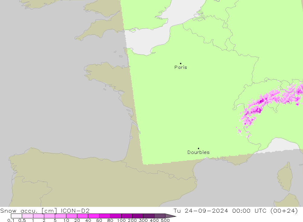 Schneemenge ICON-D2 Di 24.09.2024 00 UTC