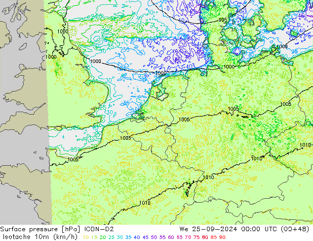 Isotachs (kph) ICON-D2 ср 25.09.2024 00 UTC