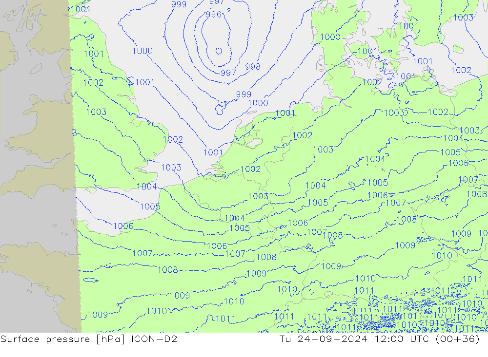 Surface pressure ICON-D2 Tu 24.09.2024 12 UTC