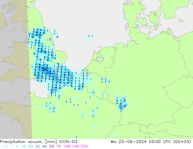 Precipitation accum. ICON-D2 пн 23.09.2024 03 UTC