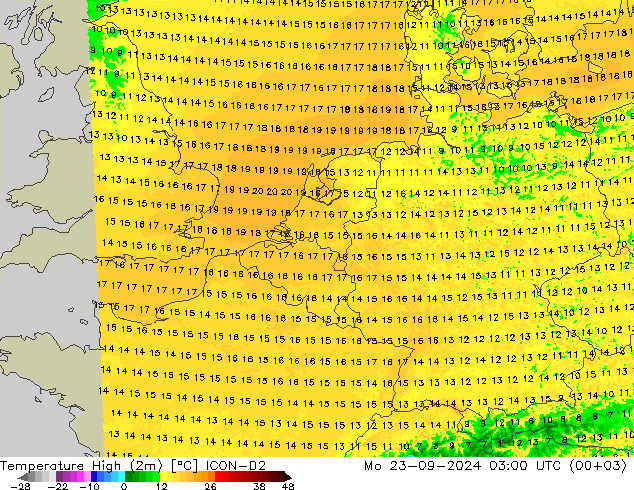 Max. Temperatura (2m) ICON-D2 pon. 23.09.2024 03 UTC
