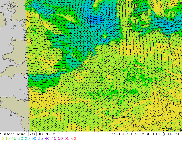 Surface wind ICON-D2 Tu 24.09.2024 18 UTC