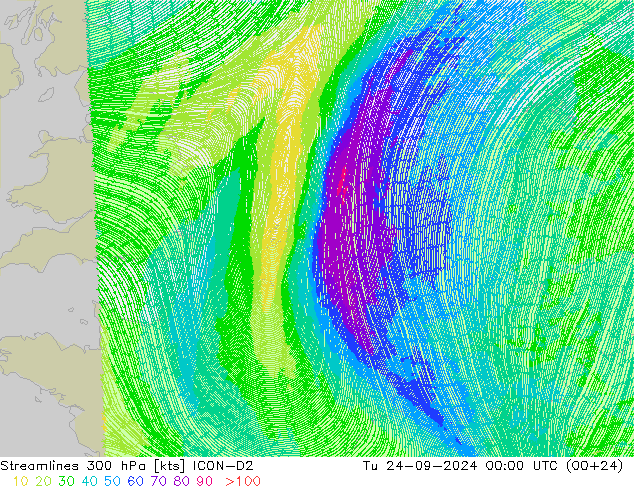 Stromlinien 300 hPa ICON-D2 Di 24.09.2024 00 UTC