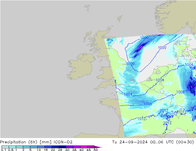 Totale neerslag (6h) ICON-D2 di 24.09.2024 06 UTC