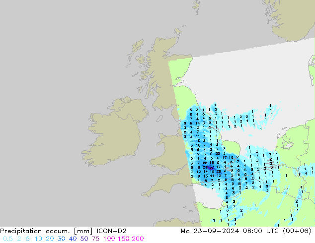 Precipitation accum. ICON-D2 lun 23.09.2024 06 UTC