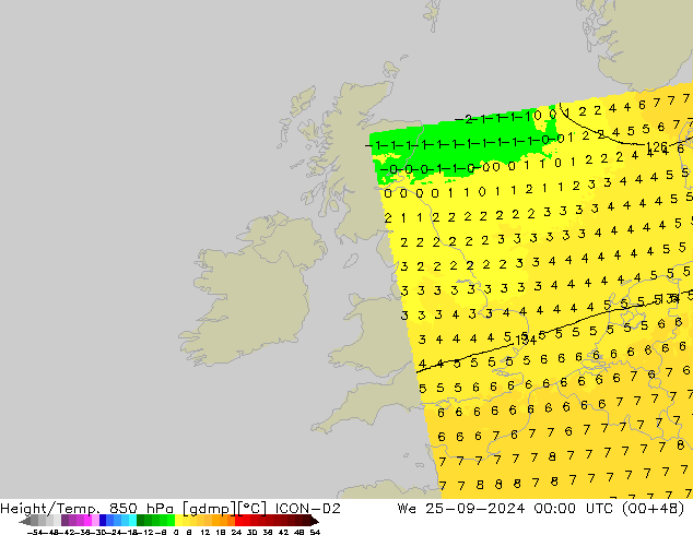 Height/Temp. 850 hPa ICON-D2 mer 25.09.2024 00 UTC