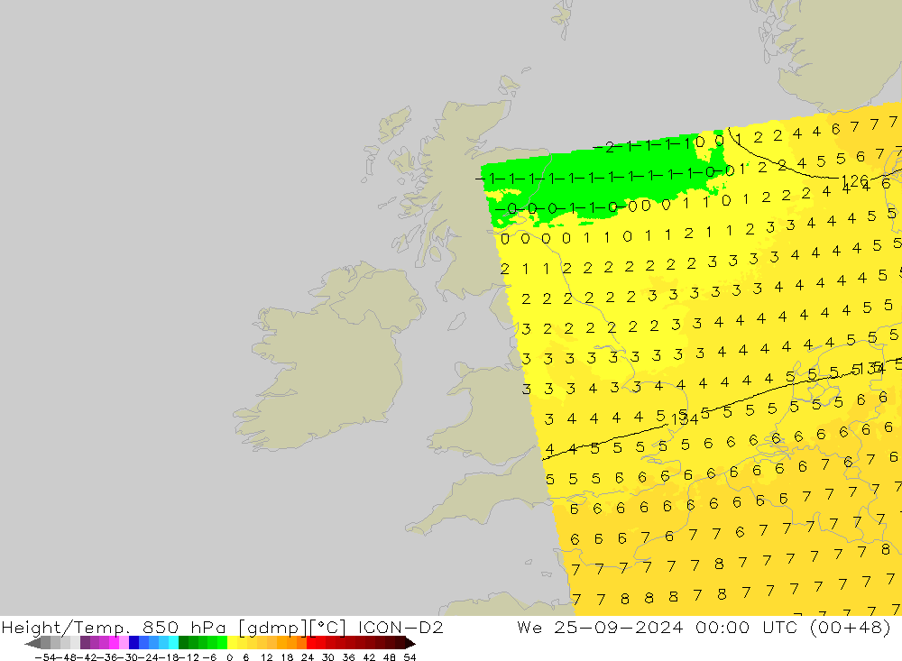 Hoogte/Temp. 850 hPa ICON-D2 wo 25.09.2024 00 UTC