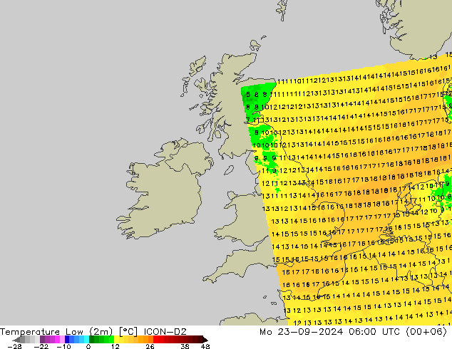 Temperature Low (2m) ICON-D2 Mo 23.09.2024 06 UTC