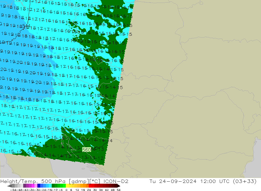 Height/Temp. 500 hPa ICON-D2 Út 24.09.2024 12 UTC