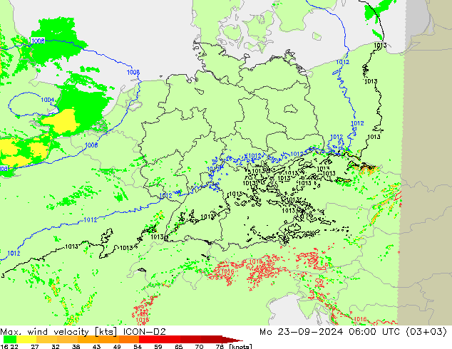 Max. wind velocity ICON-D2 пн 23.09.2024 06 UTC