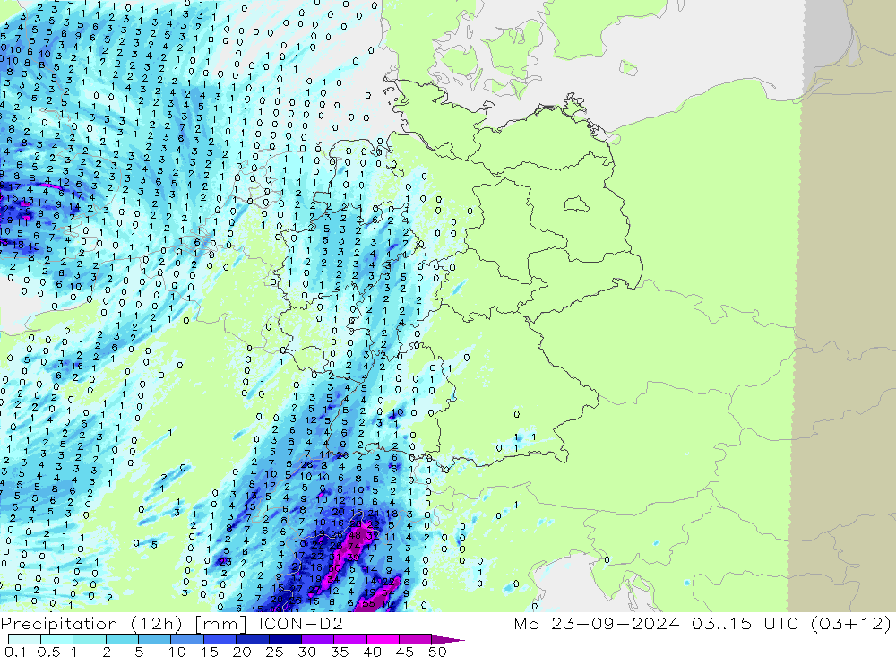 Precipitazione (12h) ICON-D2 lun 23.09.2024 15 UTC