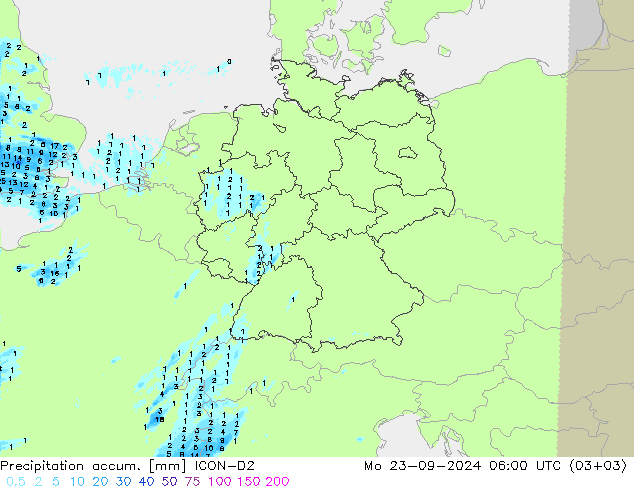 Precipitation accum. ICON-D2 Mo 23.09.2024 06 UTC