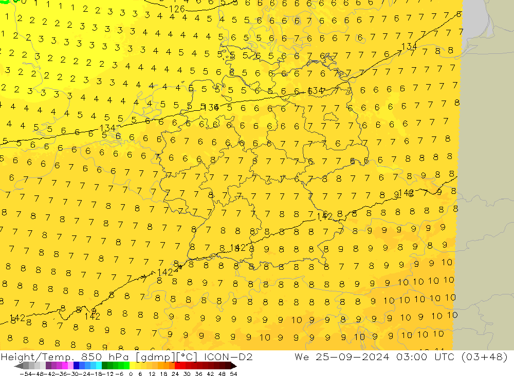 Geop./Temp. 850 hPa ICON-D2 mié 25.09.2024 03 UTC