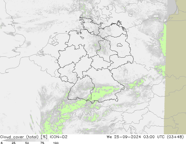 Cloud cover (total) ICON-D2 We 25.09.2024 03 UTC