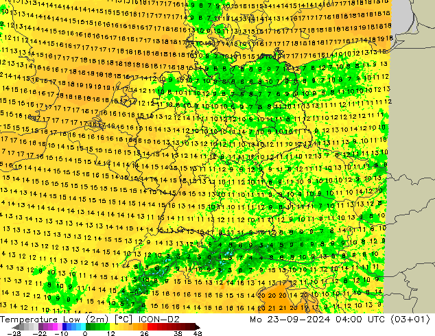 Temperatura mín. (2m) ICON-D2 lun 23.09.2024 04 UTC