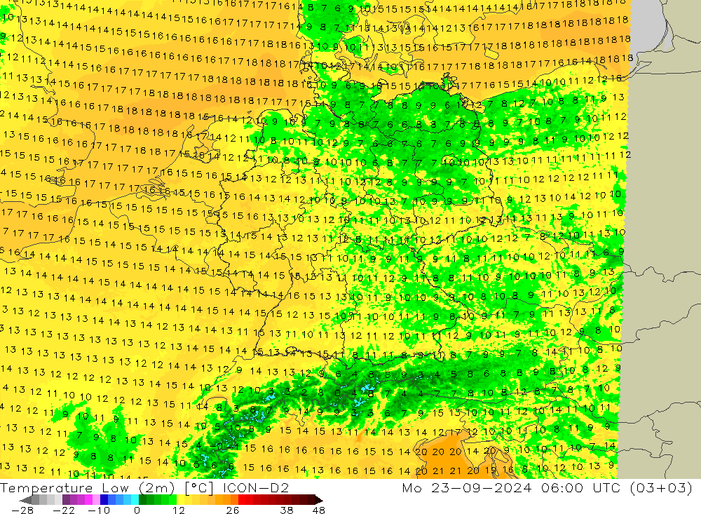 Temperature Low (2m) ICON-D2 Mo 23.09.2024 06 UTC