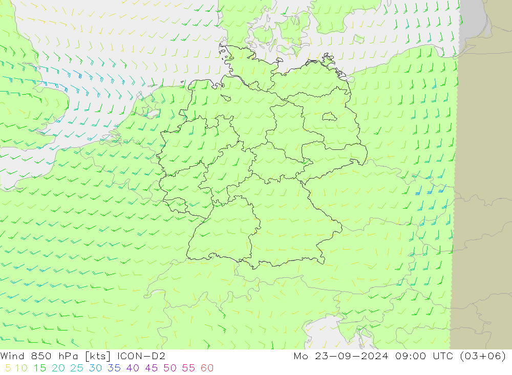 Vento 850 hPa ICON-D2 lun 23.09.2024 09 UTC