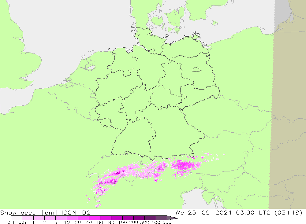 Snow accu. ICON-D2 mer 25.09.2024 03 UTC