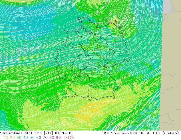 Streamlines 500 hPa ICON-D2 We 25.09.2024 00 UTC