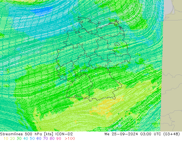 Linea di flusso 500 hPa ICON-D2 mer 25.09.2024 03 UTC