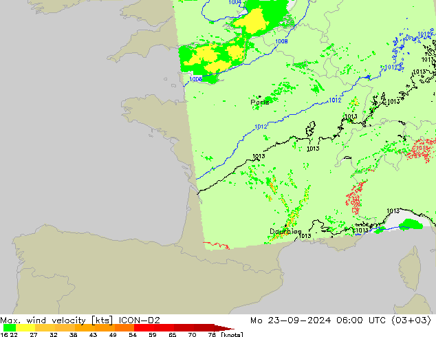 Max. wind velocity ICON-D2 lun 23.09.2024 06 UTC