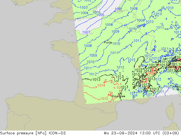 Surface pressure ICON-D2 Mo 23.09.2024 12 UTC