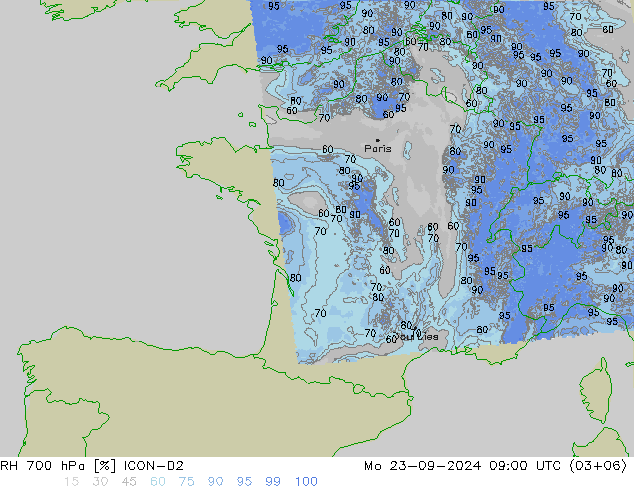 RH 700 hPa ICON-D2 Mo 23.09.2024 09 UTC