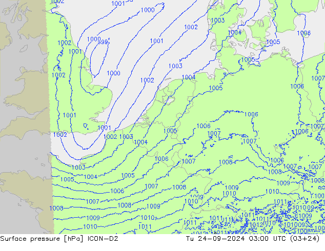 Surface pressure ICON-D2 Tu 24.09.2024 03 UTC