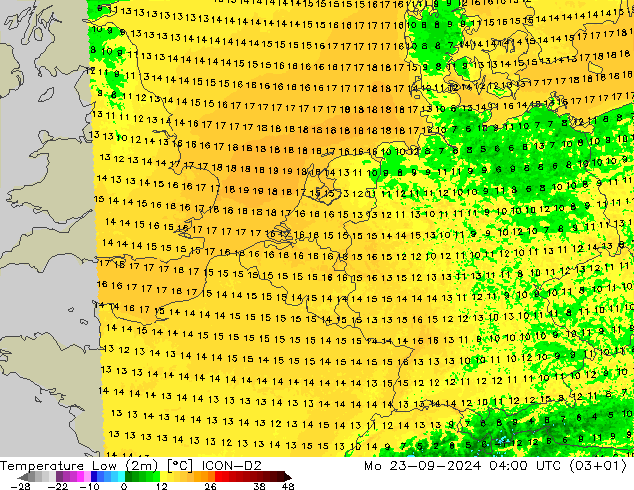 Temperatura mín. (2m) ICON-D2 lun 23.09.2024 04 UTC