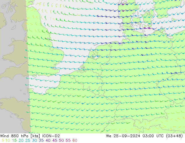 Vento 850 hPa ICON-D2 Qua 25.09.2024 03 UTC