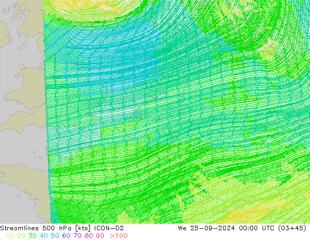 Streamlines 500 hPa ICON-D2 We 25.09.2024 00 UTC