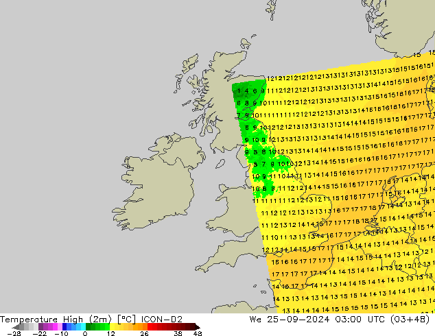 Temp. massima (2m) ICON-D2 mer 25.09.2024 03 UTC