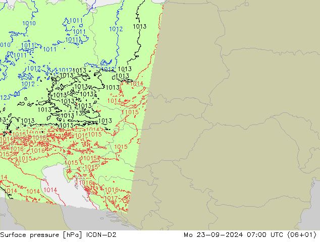 Presión superficial ICON-D2 lun 23.09.2024 07 UTC