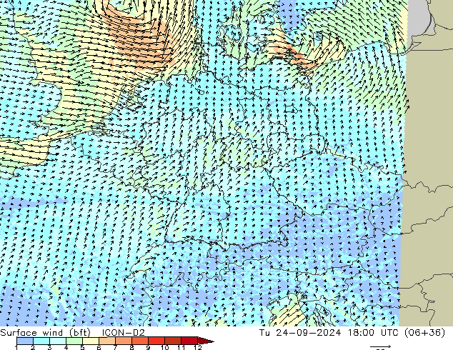 Surface wind (bft) ICON-D2 Út 24.09.2024 18 UTC