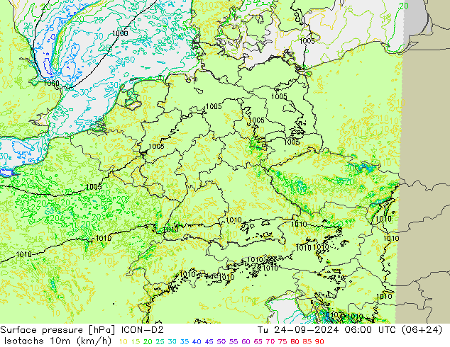 Eşrüzgar Hızları (km/sa) ICON-D2 Sa 24.09.2024 06 UTC