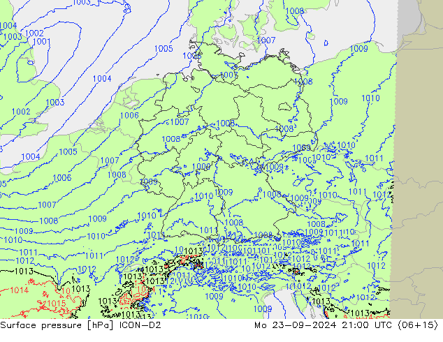 Surface pressure ICON-D2 Mo 23.09.2024 21 UTC