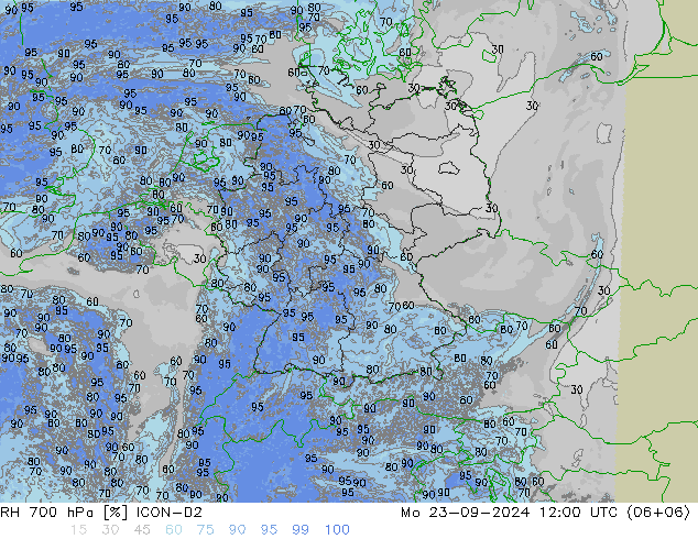 RH 700 hPa ICON-D2 星期一 23.09.2024 12 UTC