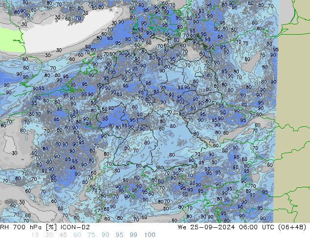 RH 700 гПа ICON-D2 ср 25.09.2024 06 UTC