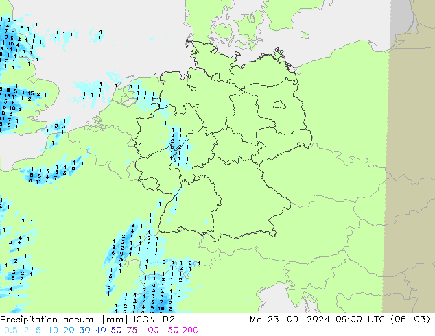 Precipitation accum. ICON-D2 lun 23.09.2024 09 UTC