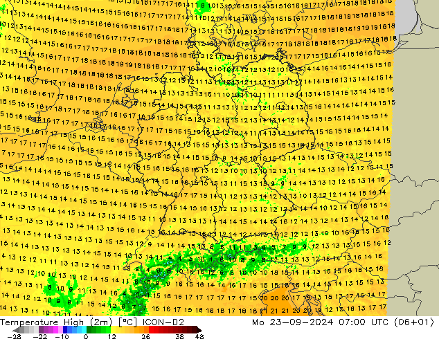 Temperature High (2m) ICON-D2 Mo 23.09.2024 07 UTC