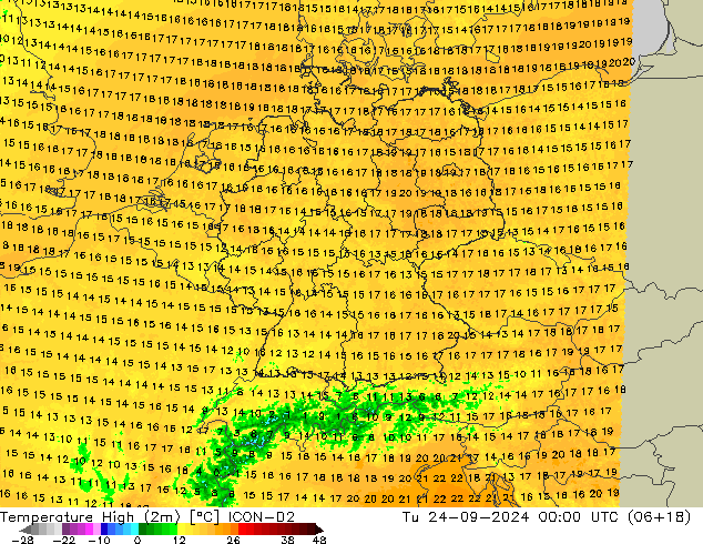 Temperature High (2m) ICON-D2 Tu 24.09.2024 00 UTC