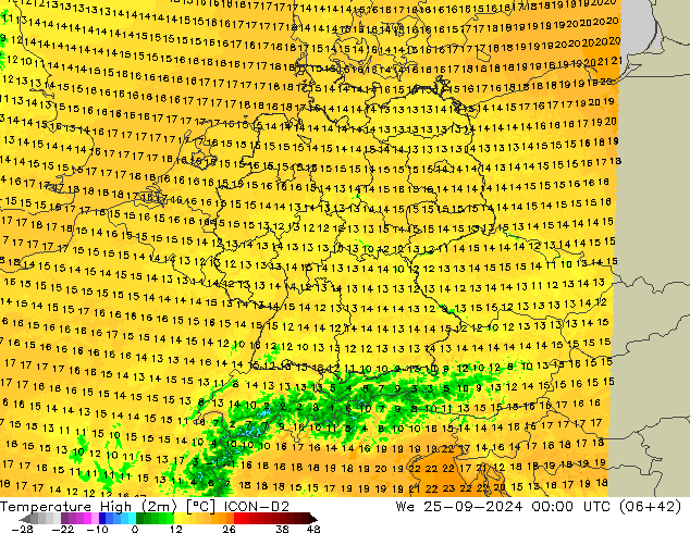 Temperatura máx. (2m) ICON-D2 mié 25.09.2024 00 UTC