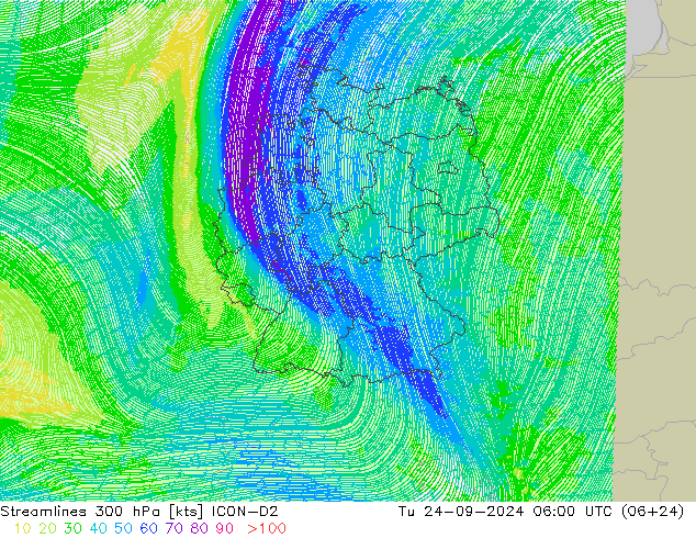 Streamlines 300 hPa ICON-D2 Tu 24.09.2024 06 UTC