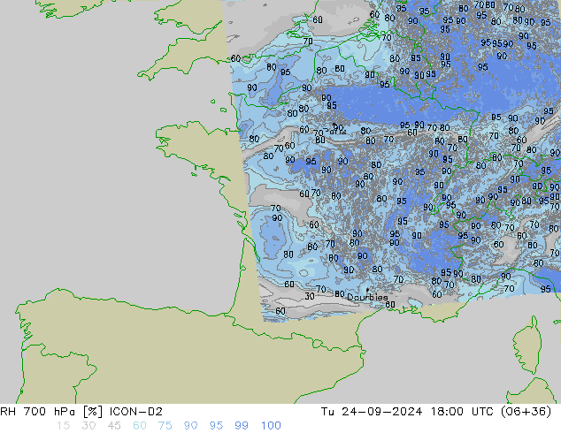 RH 700 hPa ICON-D2 Tu 24.09.2024 18 UTC